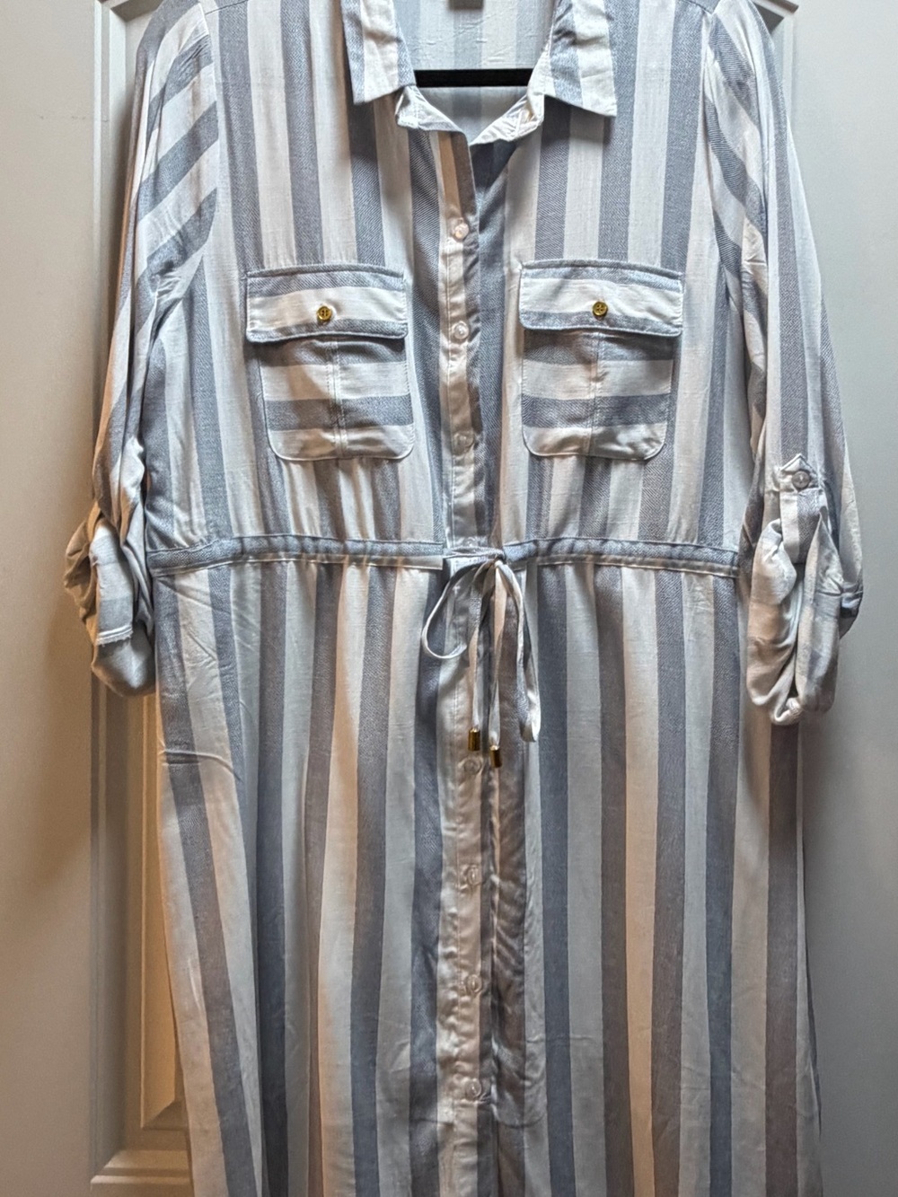 Passport Striped Shirt Dress in White and Light Blue